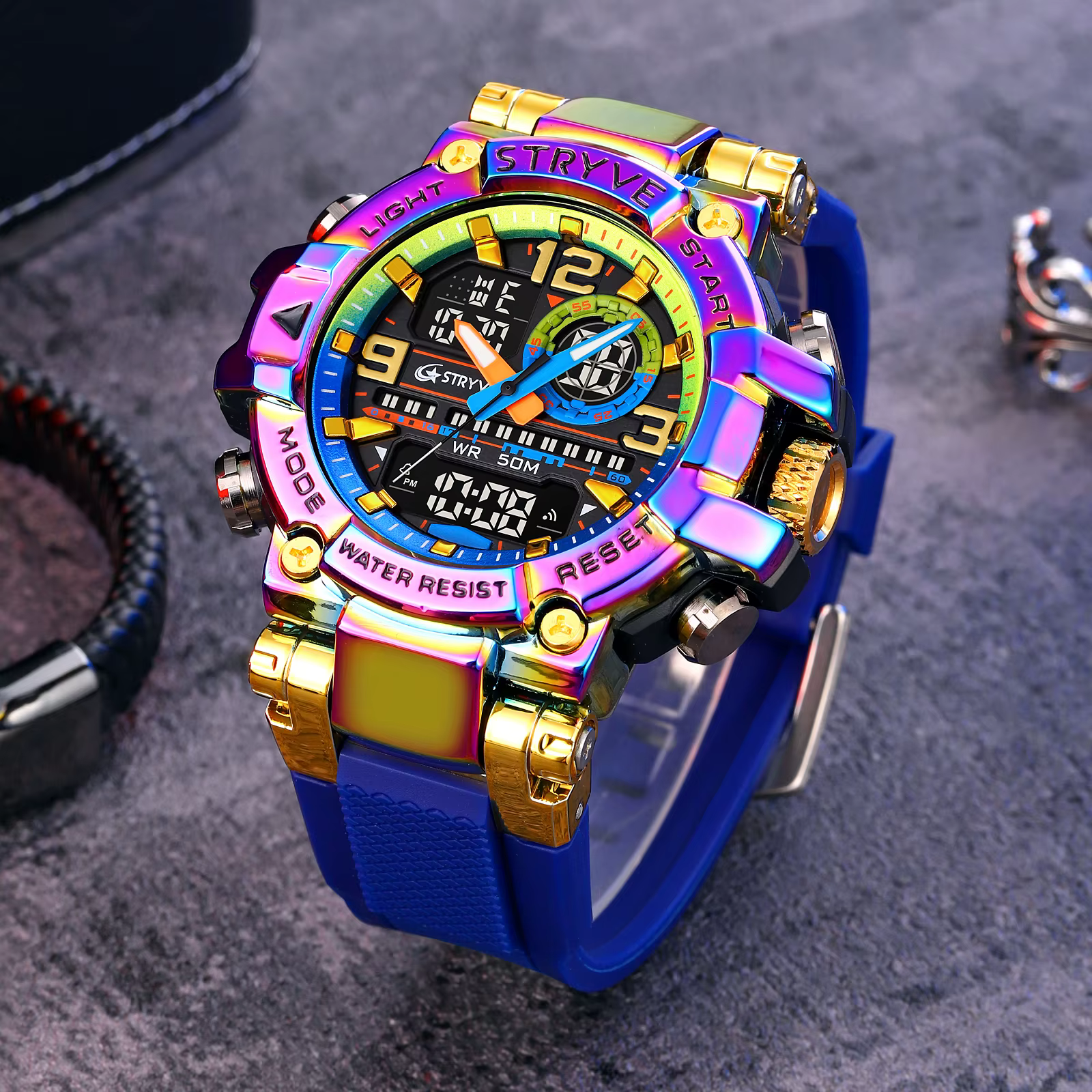 STRYVE 8025 montres de Sport pour hommes mode choc 50M montre-bracelet étanche LED alarme chronomètre horloge