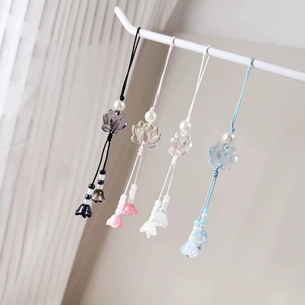 Accessoire de bijouterie, pendentif lotus perlé de style chinois, fait main, vintage, chaîne pour appareil photo, décoration à suspendre pour sac à dos