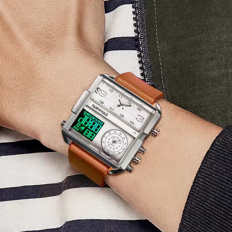 Mark Fairwhale montre électronique multifonctionnelle homme mode militaire bracelet en cuir carré Double affichage montre-bracelet à Quartz hommes