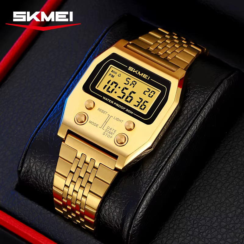 SKMEI 2460 montre numérique étanche pour hommes en acier inoxydable Sport luxe rétro LED électronique