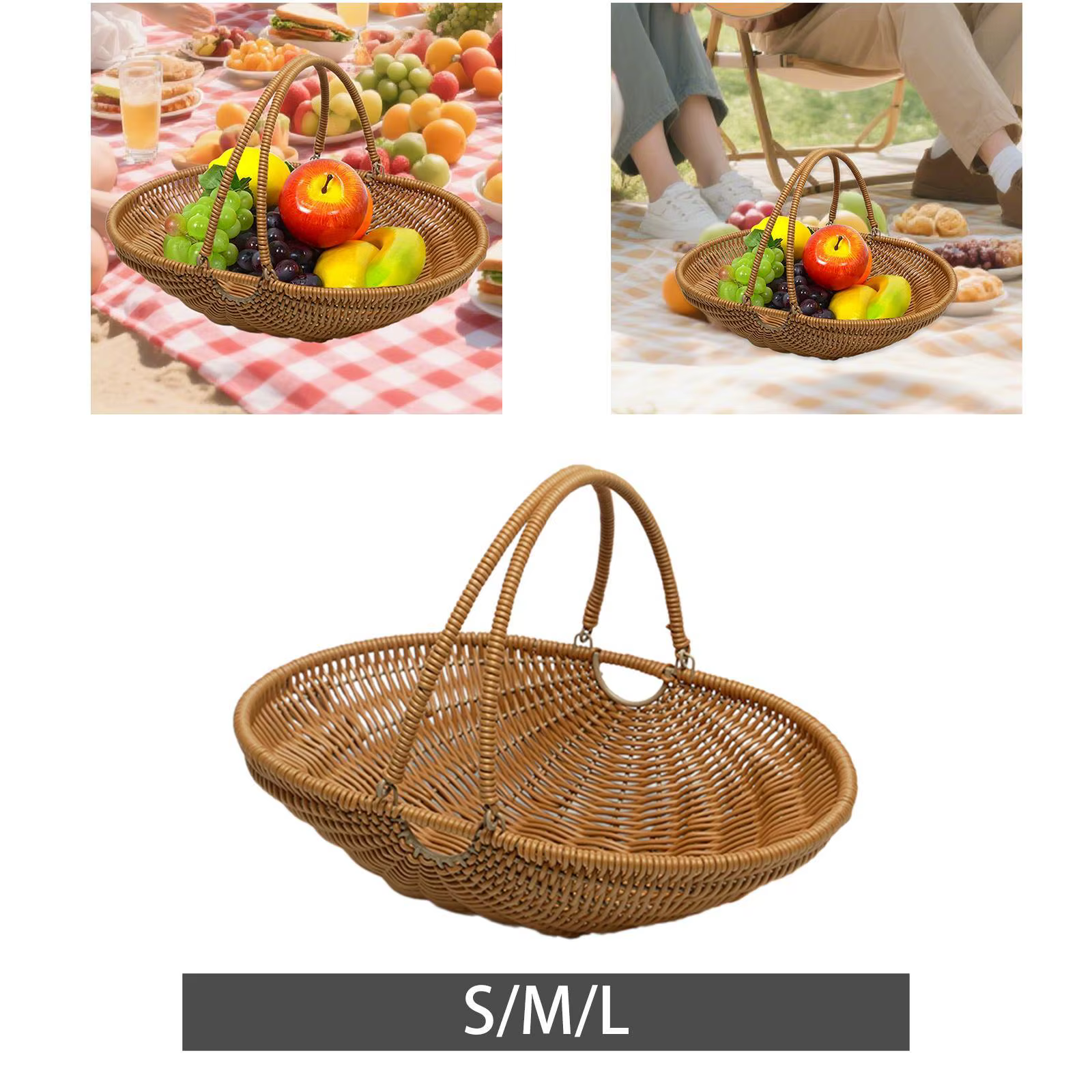 Panier de rangement pour pique-nique en matériau PP avec poignée pliable pour articles alimentaires et petits objets