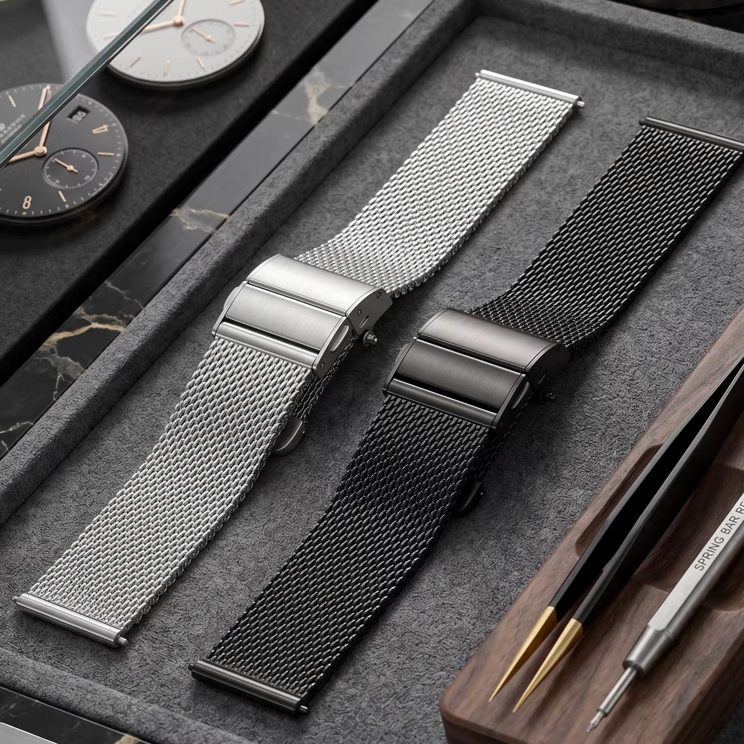 Bracelet de montre en maille milanaise 16 18 20 22 mm avec fermoir double-poussoir, bracelet argenté et noir compatible avec les montres connectées Samsung Huawei