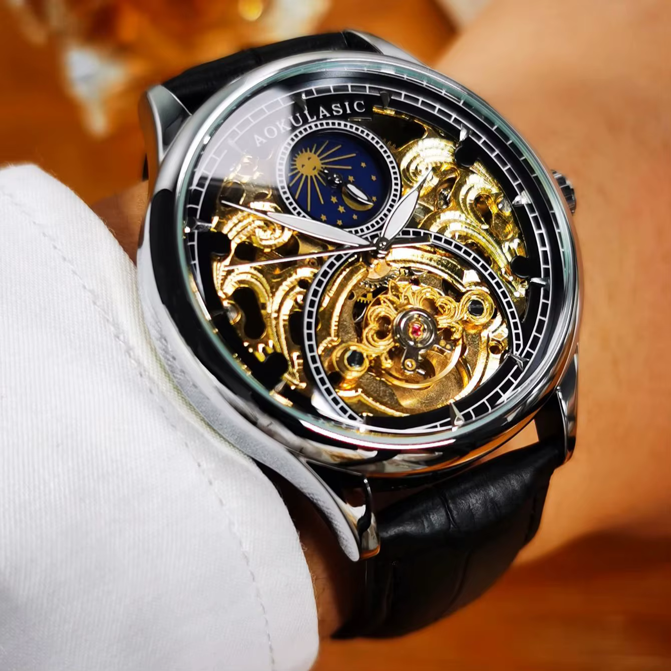 AOKULASIC Tourbillon hommes montres haut de gamme de luxe squelette automatique montre mécanique bracelet en cuir décontracté Phase solaire mâle horloge