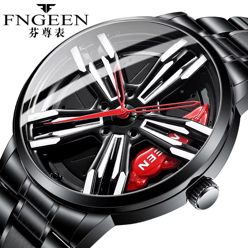 FNGEEN montre de course pour hommes personnalisé Super voiture jante conception en acier inoxydable noir rétro étanche