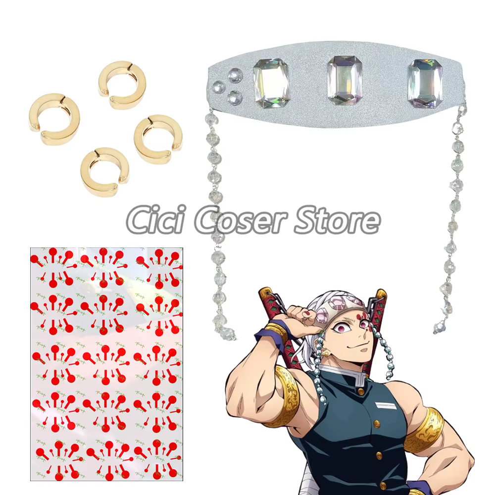 Accessoires de Cosplay Anime Uzui Tengen, couvre-chef, boucles d'oreilles dorées, autocollants de tatouage pour hommes et femmes, accessoires de fête d'halloween