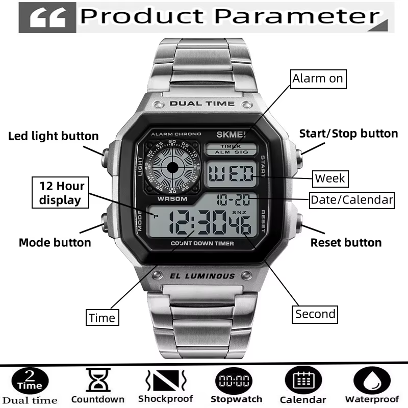 Skmei-Montre numérique en acier inoxydable pour homme