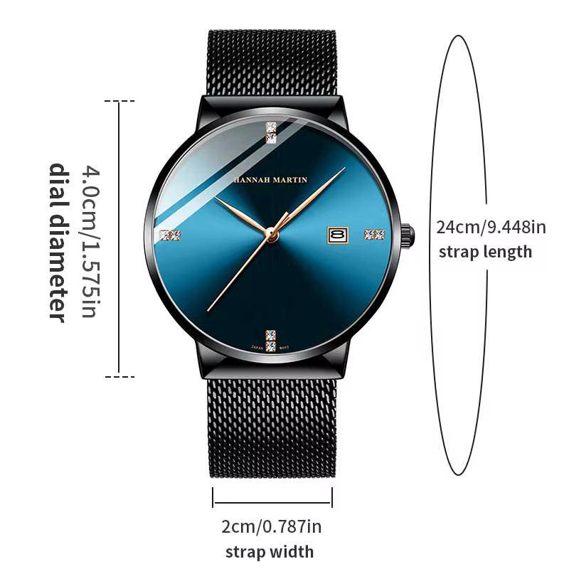 Hannah Martin montre pour hommes avec mouvement importé japonais affaires en acier inoxydable maille ceinture 3Bar