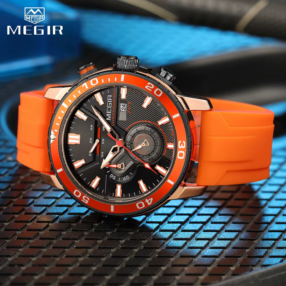 Montre de sport chronographe avec bracelet en silicone orange pour homme