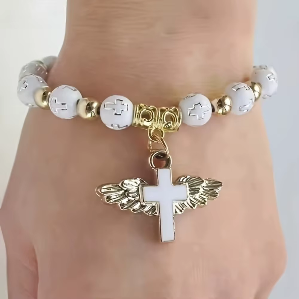 6/12 ensembles de bracelets de baptême en gros, bracelets perlés avec ailes d'ange et croix, avec étiquettes de remerciement et sacs en organza