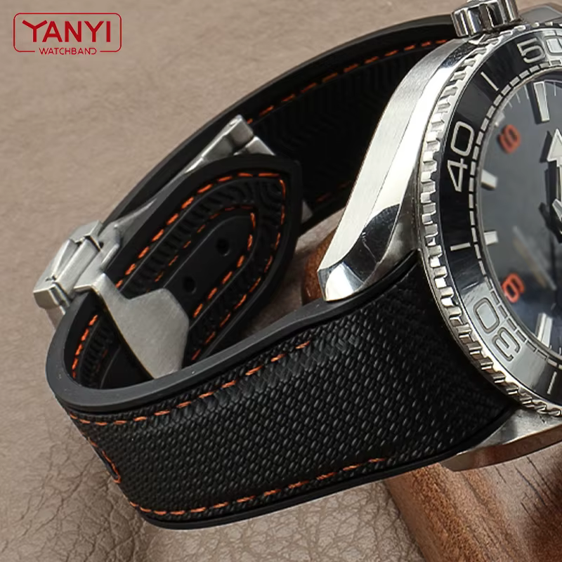 Bracelet de montre en caoutchouc fluoré pour Omega Planet Ocean 600 quarts Orange 21mm FMK