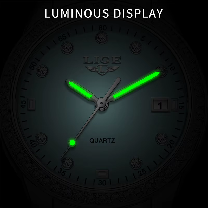 LIGE 2025 montre pour femme de luxe lumineux en acier inoxydable horloge étanche