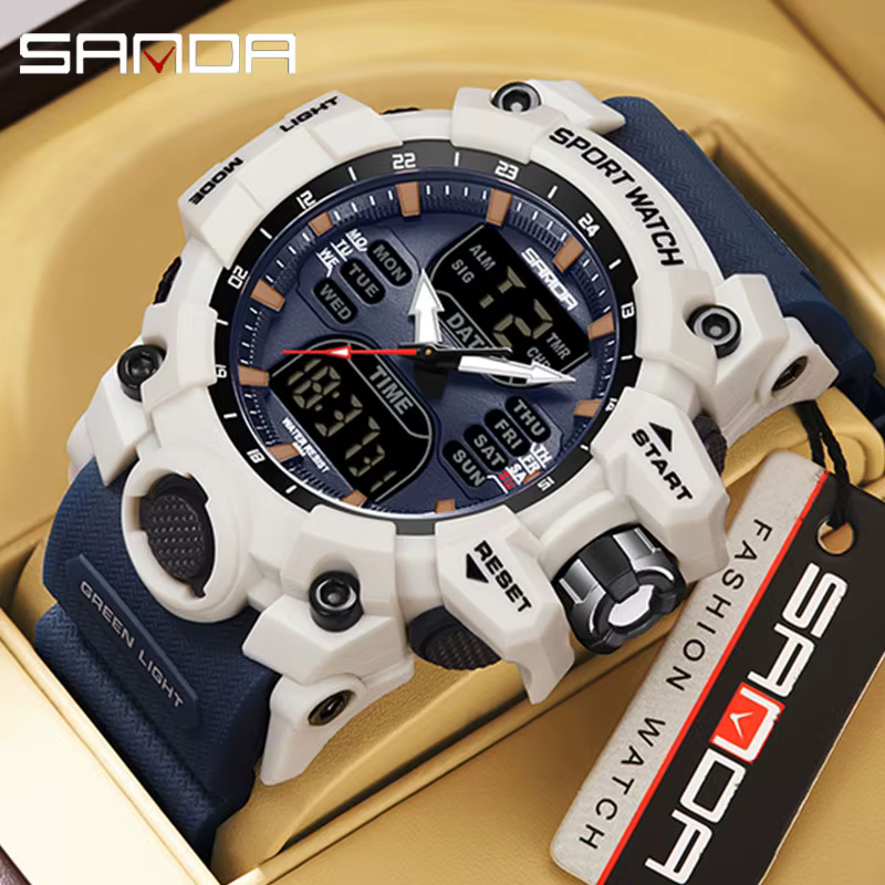 SANDA double affichage hommes montres étanche montre de sport militaire homme alarme chronomètre Quartz montre-bracelet mâle LED horloge numérique 6126