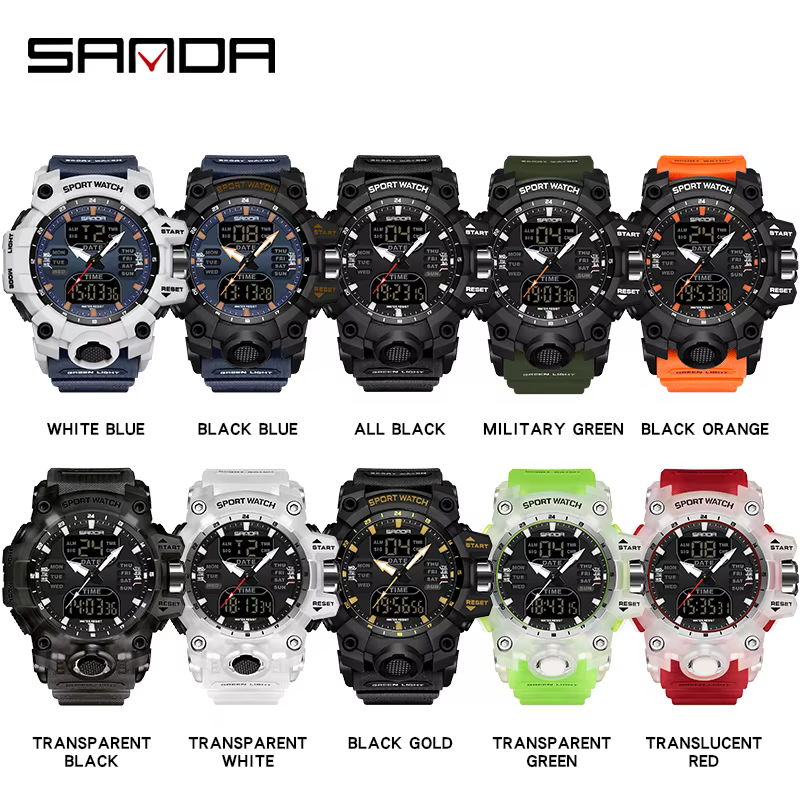 SANDA hommes montres de sport double affichage analogique numérique LED électronique