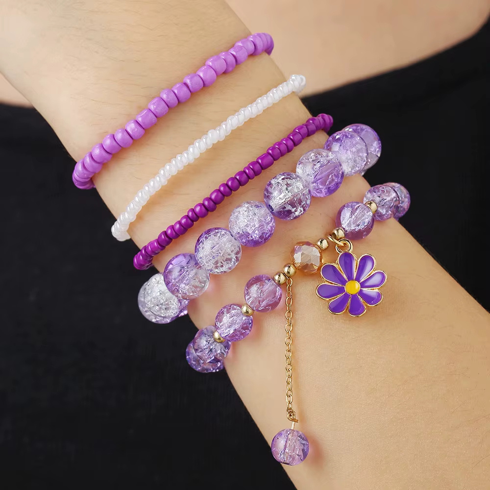 Ensemble de bracelets perlés marguerites violettes mignonnes pour femmes, style bohème, avec perles craquelées en cristal, extensibles et empilables, bijoux d'amitié, cadeau