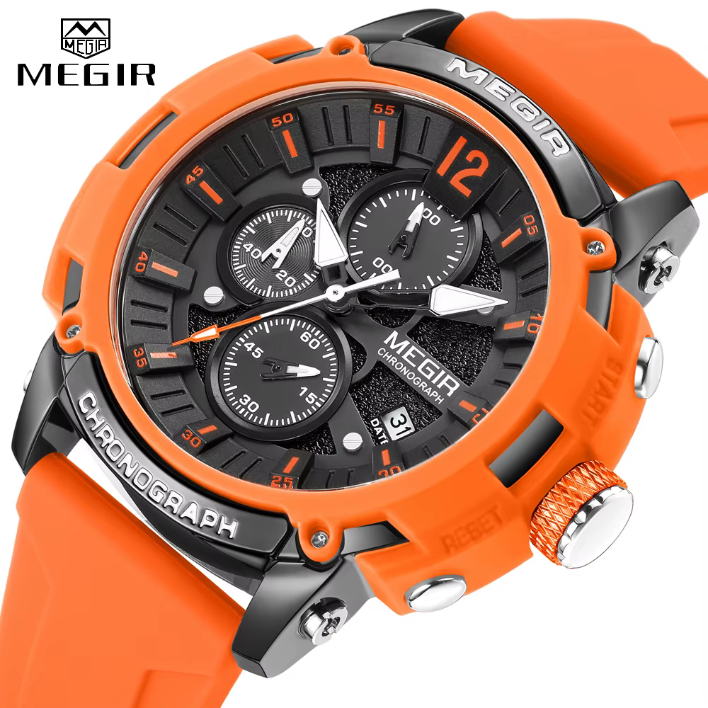 Megir montre à Quartz analogique chronographe pour hommes avec Date aiguilles lumineuses bracelet en Silicone Orange montre-bracelet étanche homme