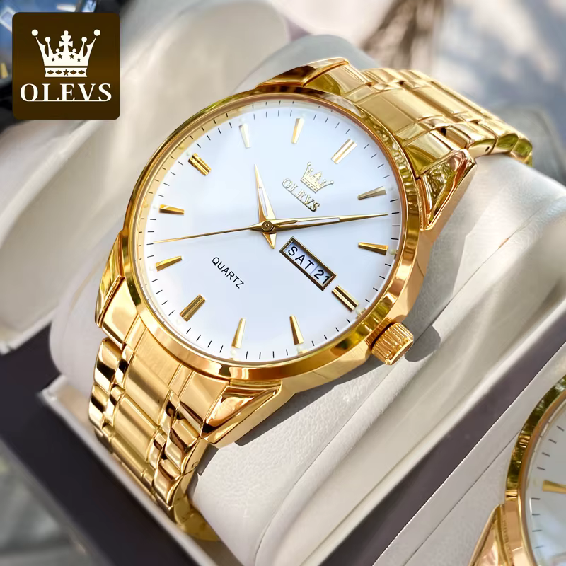OLEVS classique or montres pour haut de gamme de luxe affaires en cuir étanche lumineux en acier inoxydable hommes montre-bracelet à Quartz