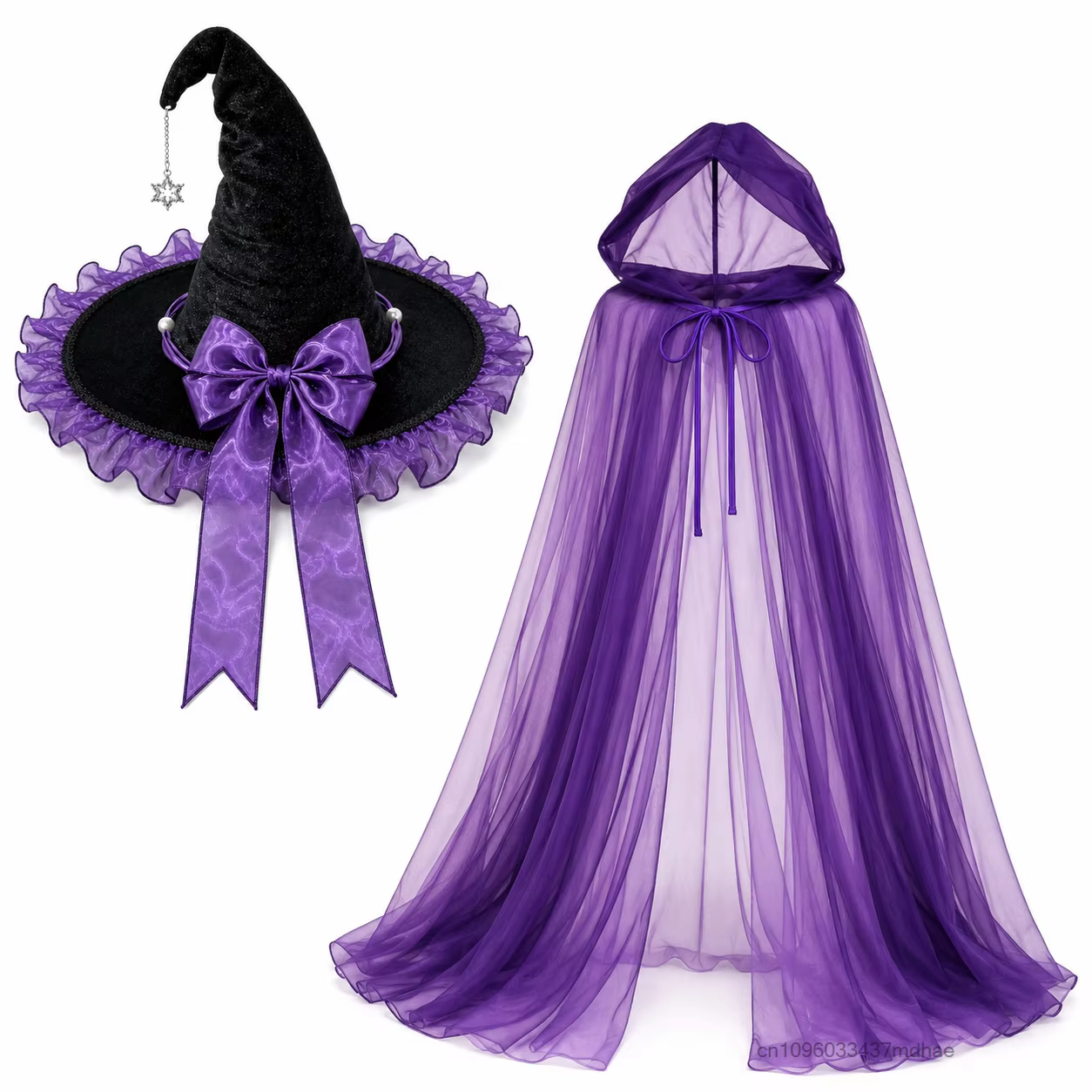 Chapeau de sorcière pour femme pour Halloween avec bordure en dentelle violette, nœud, chaîne étoile, cape noire en maille à capuche pour fête masquée, ensemble d'accessoires