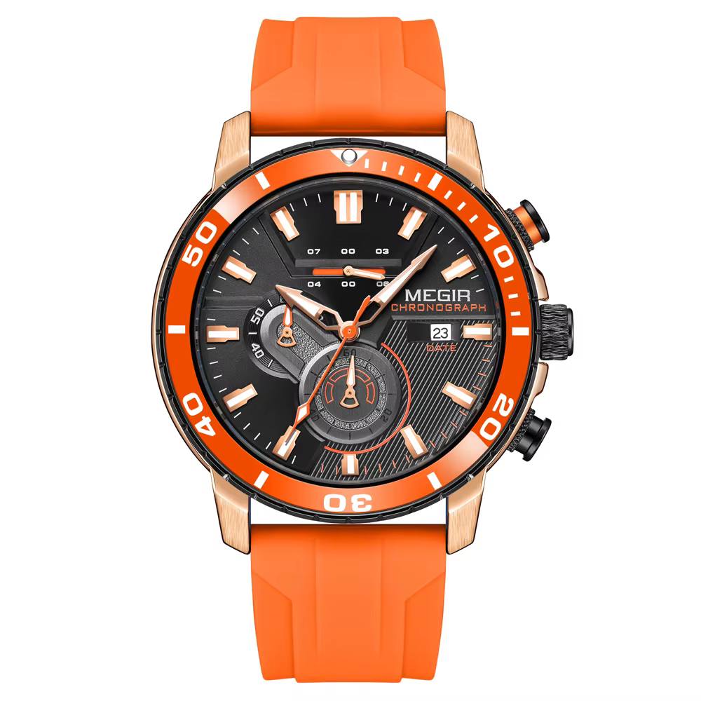 Montre de sport chronographe avec bracelet en silicone orange pour homme