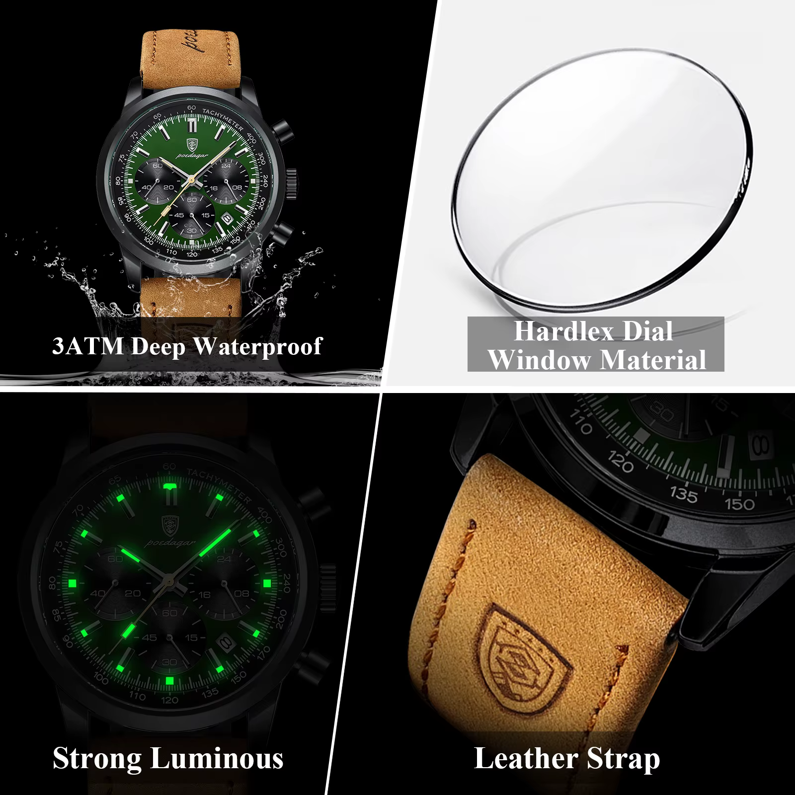 POEDAGAR mode Sport montre-bracelet pour hommes étanche lumineux chronographe militaire homme montre en cuir de luxe