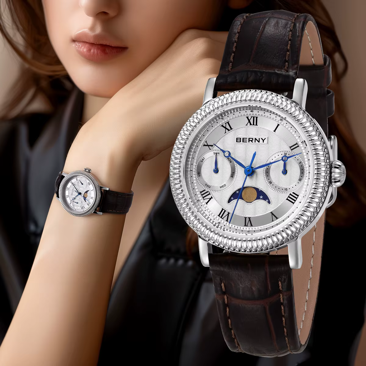 BERNY Montres pour femmes, montre de luxe pour affaires, phase de lune, élégante, à quartz, bracelet en cuir, acier inoxydable