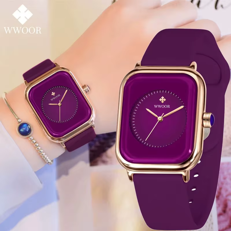 WWOOR marque de luxe montres pour femmes mode carré violet dames Quartz montre-bracelet étanche bracelet en Silicone Relogio Feminino
