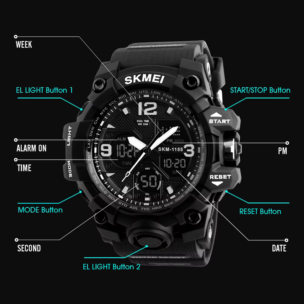 SKMEI 1155B 5Bar étanche double affichage montres Relogio Masculino montre Sport hommes militaire