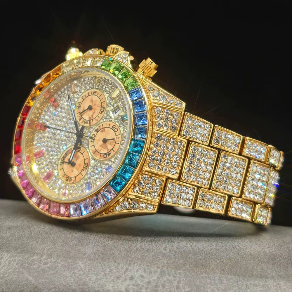 Vente chaude mode montre en or pour hommes marque UNIGUET Hip Hop arc-en-ciel diamant brillant bijoux Quartz montre-bracelet mâle livraison directe