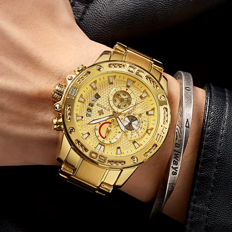 Wwoor-Montre à quartz en acier inoxydable doré pour homme