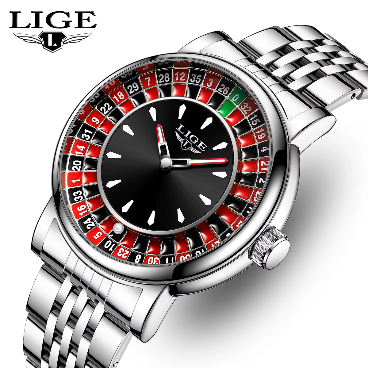 Montre Homme LIGE Tendance en Cuir Marron avec Cadran Rotatif Thème Roulette de Las Vegas