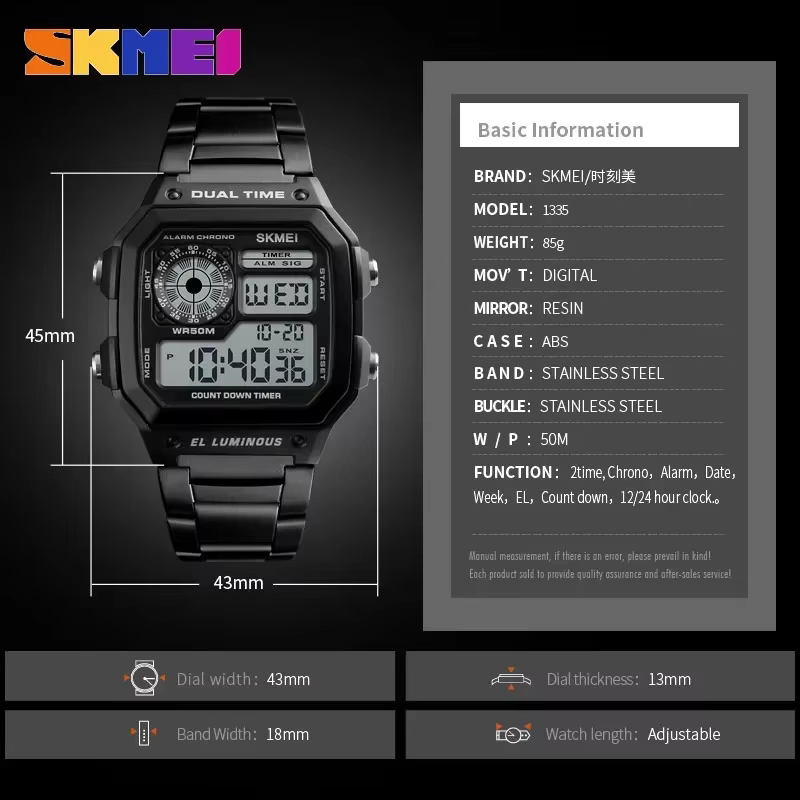 SKMEI 1335 montre numérique pour hommes rétro sport étanche Chrono électronique