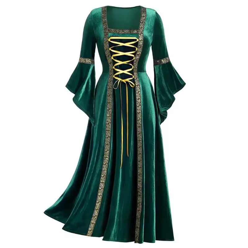 Robe d'halloween pour femmes, Costumes pour femmes, manches longues, Cosplay médiéval, Vintage, Vampire, sorcière, victorienne, gothique, robe à bandes