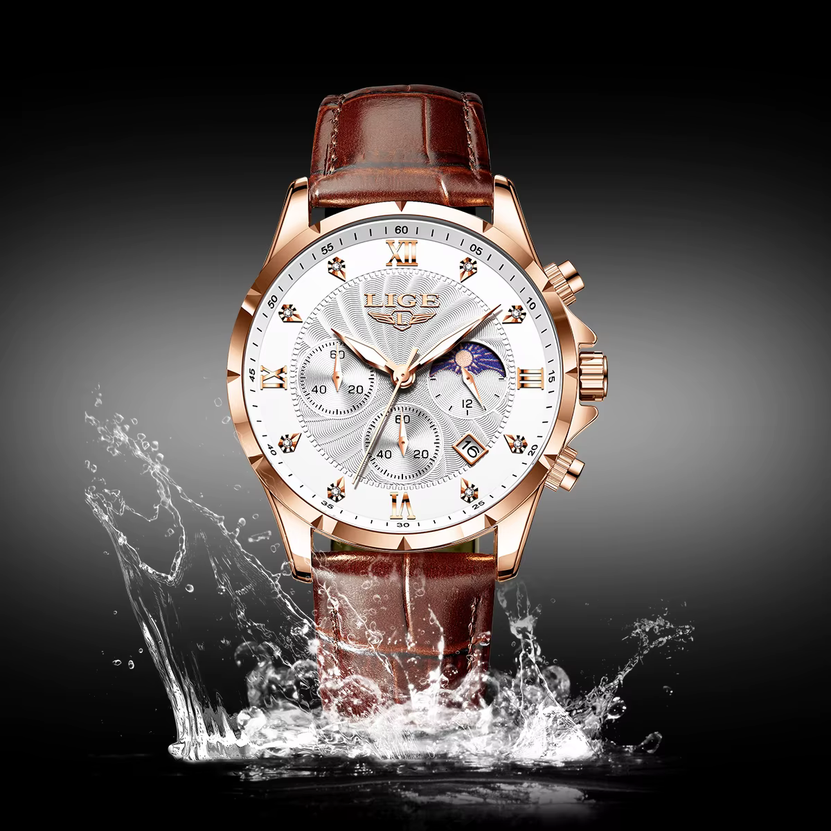 LIGE montre pour hommes de luxe affaires lumineux étanche montres en cuir Phase de lune semaine Date montre à Quartz décontractée hommes Reloj hombre