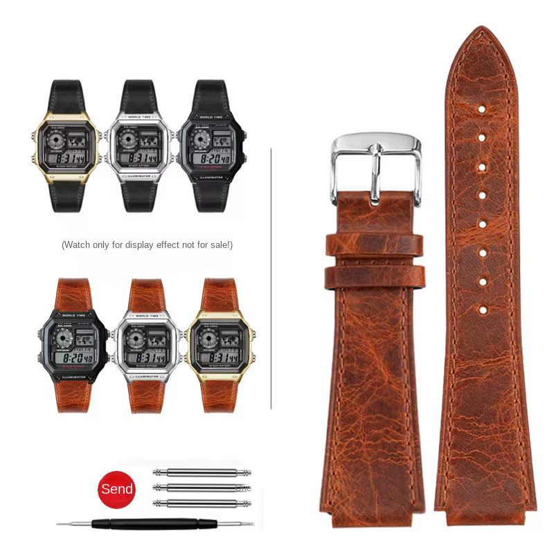 Pour Casio rétro Bracelet de montre en cuir véritable AE1200/1300 A158W/159/A168 F-91W W-216H