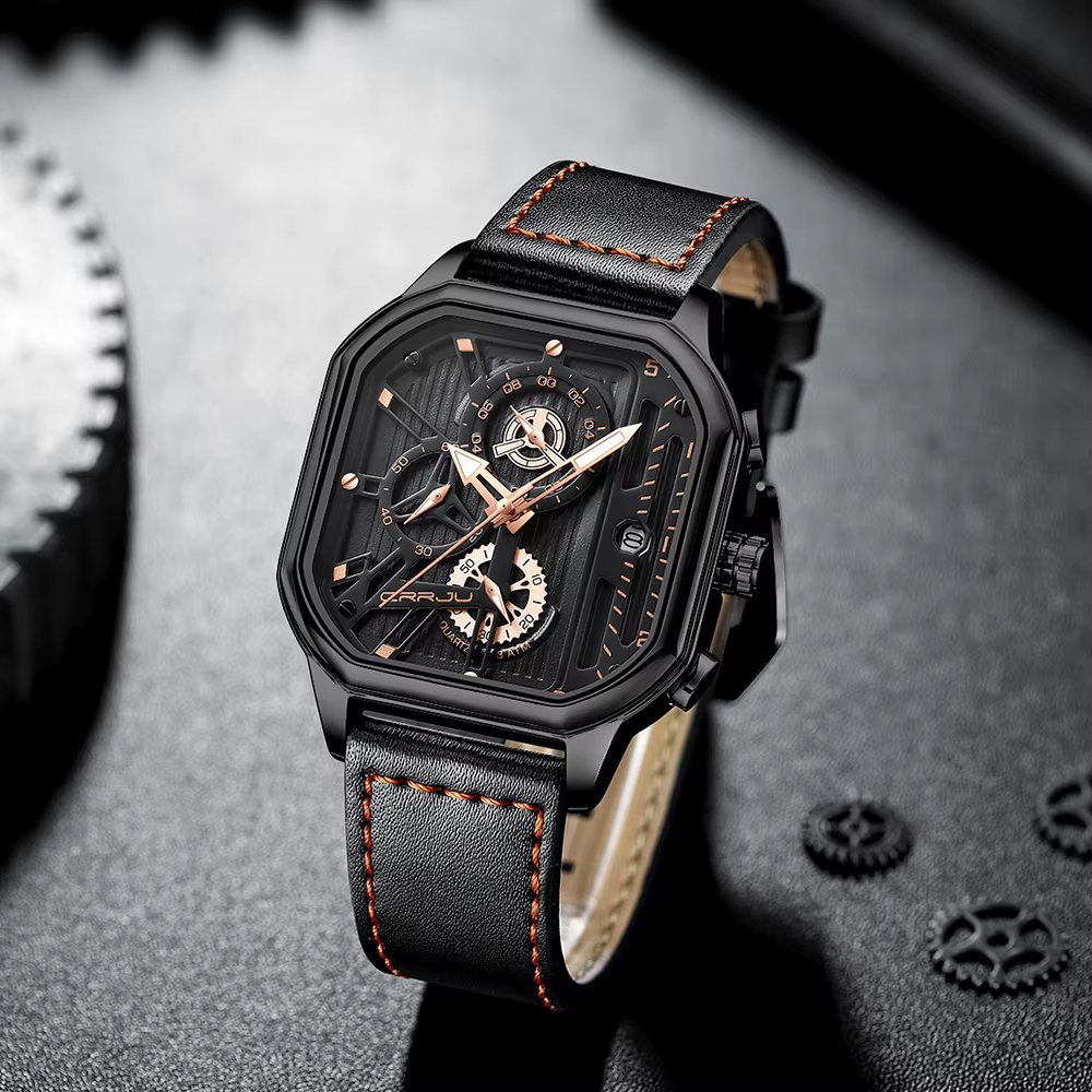 CRRJU mode cadran carré en cuir hommes montres de luxe Sport montre étanche Homme chronographe Quartz