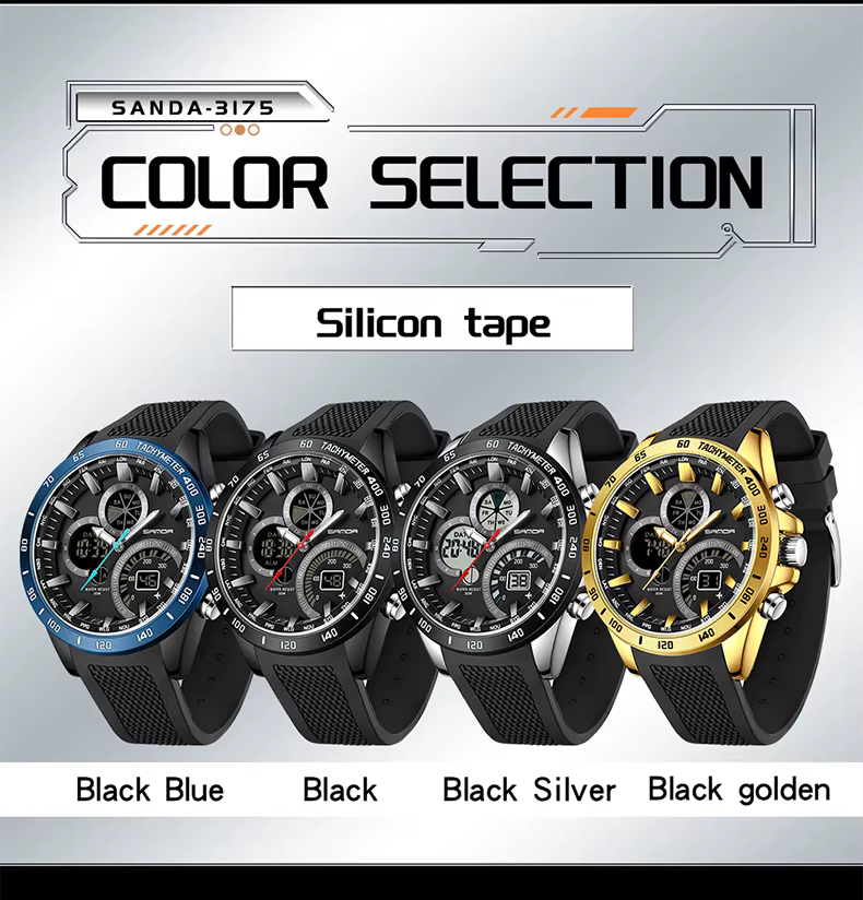 SANDA hommes marée nom montre numérique 30 M étanche montre-bracelet LED Quartz horloge Sport