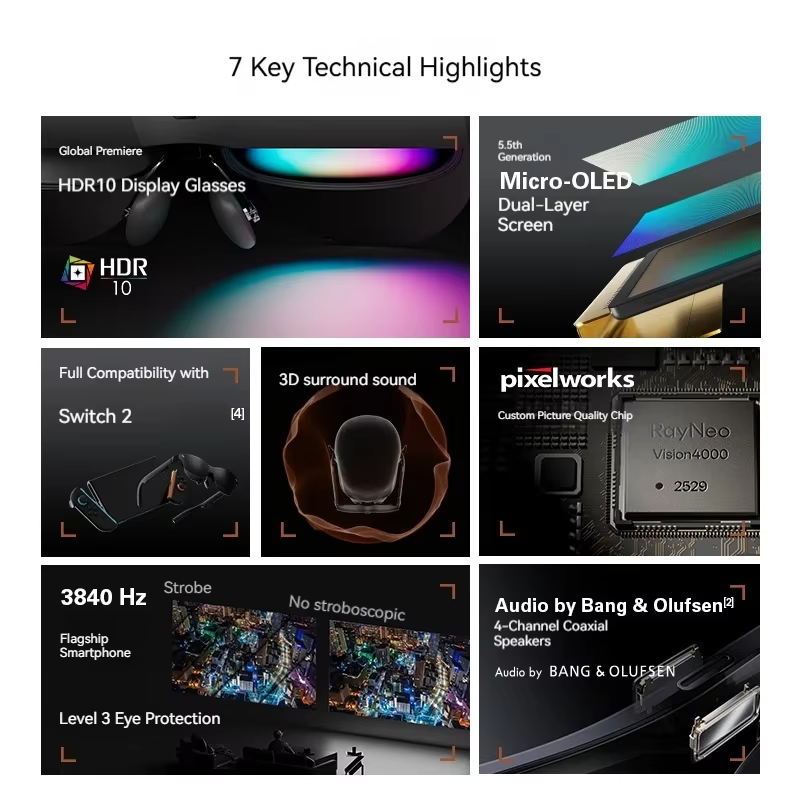 Rayneo Air 4 Pro lunettes AR intelligentes commande vocale 3G IPX-5 étanche 4K Capture vidéo monté sur la tête XR prise en charge d'accord DP