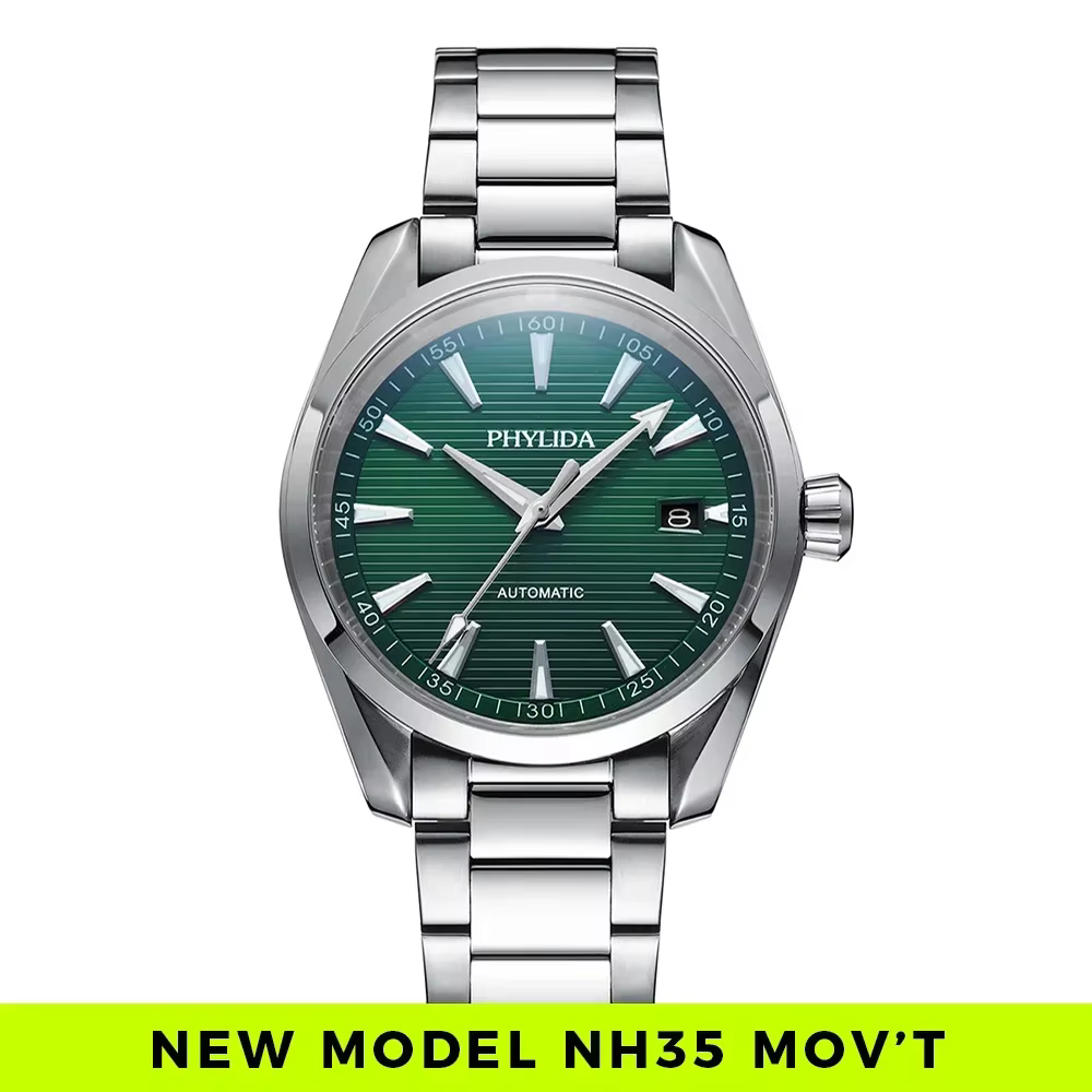 PHYLIDA nouvelle montre automatique Aqua solide SS saphir cristal NH35A montre-bracelet mécanique 100WR plongeur