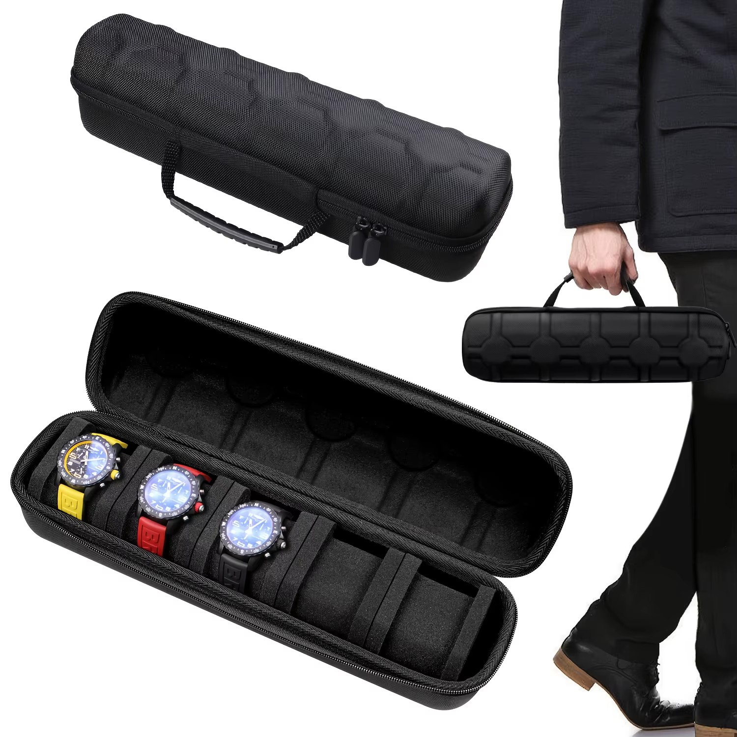 1 boîtier de montre à 5 emplacements | Organisateur de voyage à coque rigide avec insert d'oreiller - Prêt cadeau (noir)