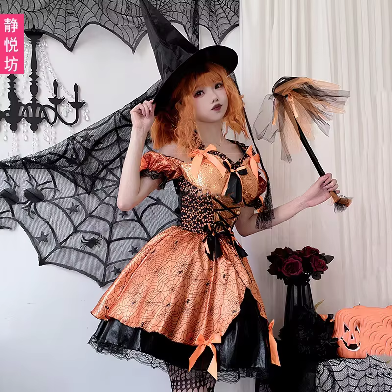 Costume d'Halloween Sexy et Mignon pour Femme, Robe de Sorcière Citrouille Cosplay Anime