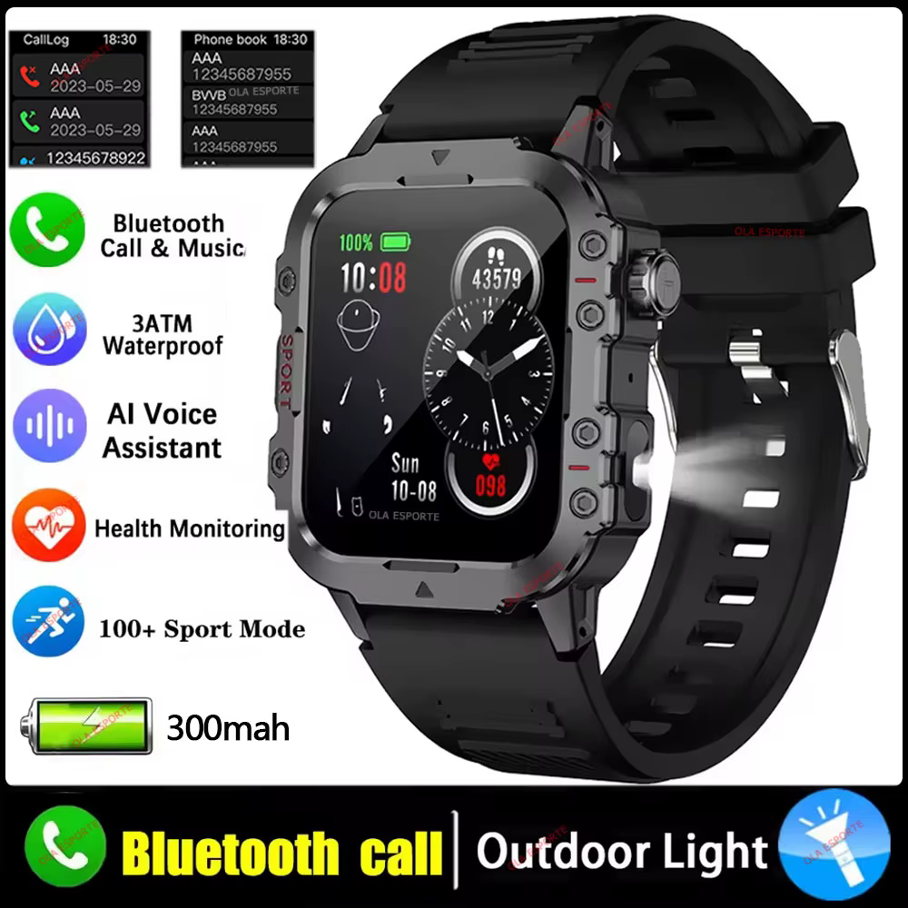 Nouvelle montre intelligente militaire 2026 pour hommes, IP67 3ATM, tracker de forme physique pour sports de plein air, moniteur de pression artérielle, appels BT, montre intelligente GPS