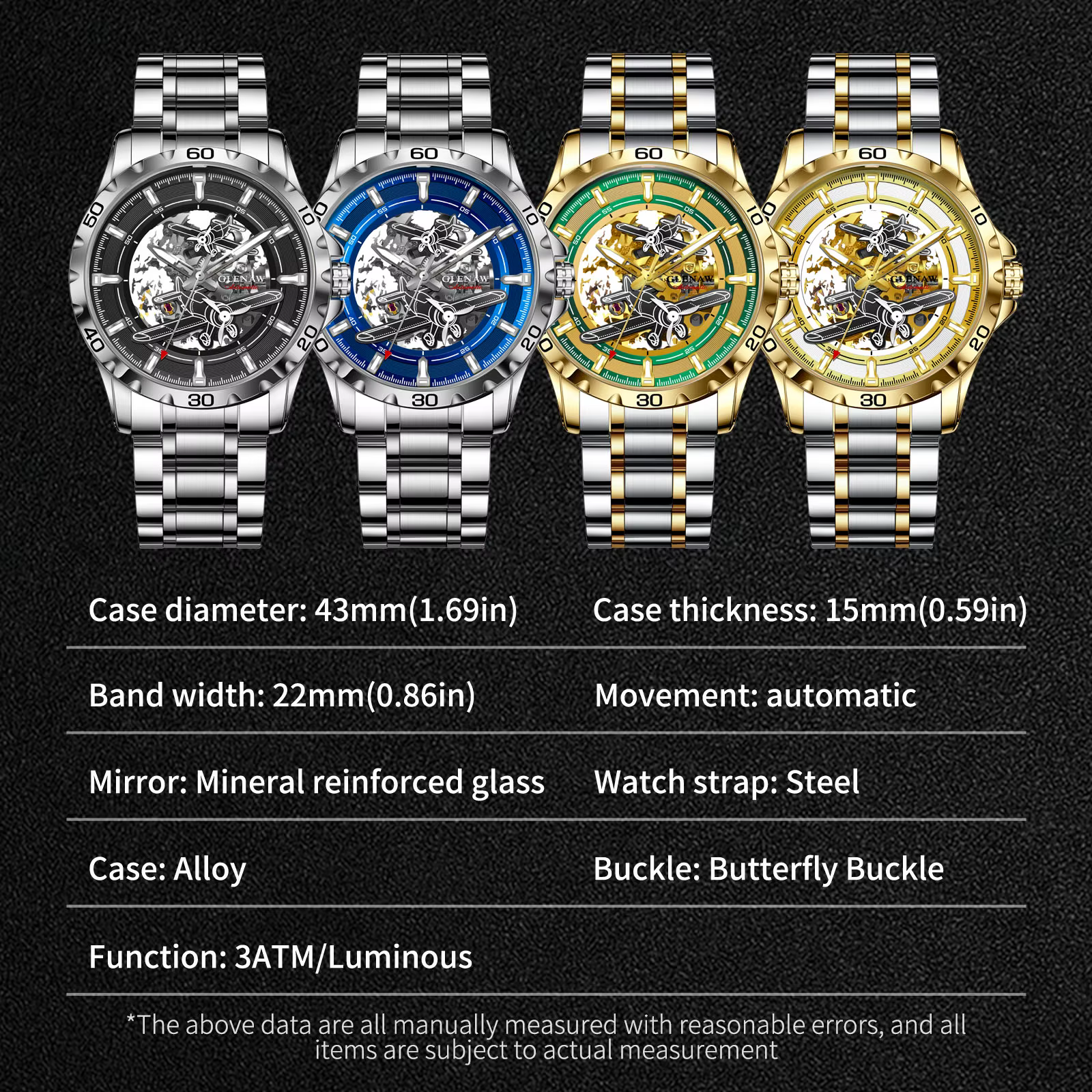 Montres mécaniques entièrement automatiques Glenaw Aircraft pour hommes