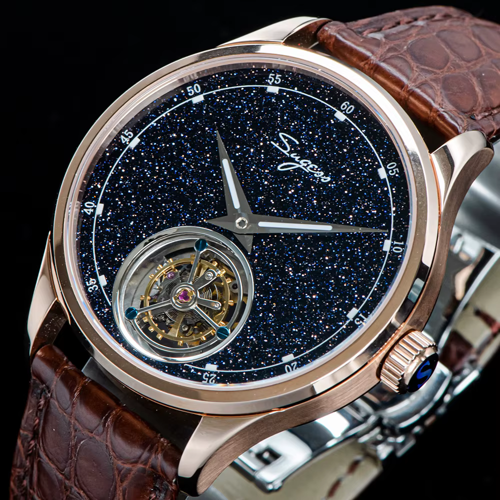 Sugess Tourbillon mouvement montre hommes de luxe mécanique montre-bracelet véritable pierre bleue Glamour maître