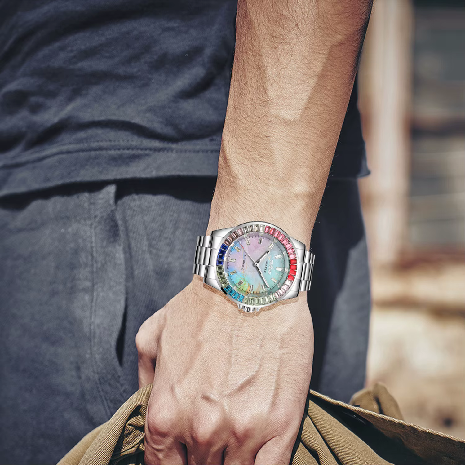 2024WINNER Original diamants colorés mécanique étanche montre pour hommes mouvement automatique en acier inoxydable montres de luxe
