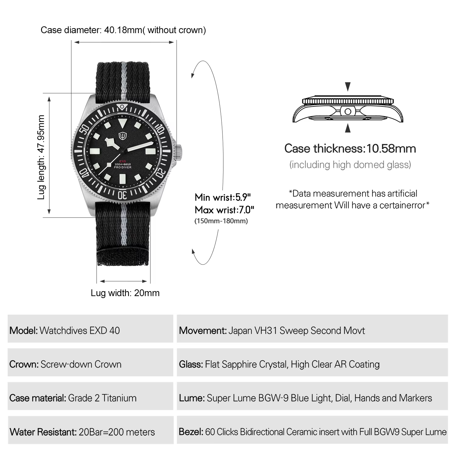Watchdives EXD 40 Montre à quartz en titane VH31 avec verre saphir et lunette en céramique BGW9 Lume 200M