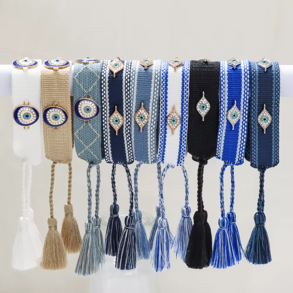 Bracelets tissés mauvais yeux avec breloques, bracelets empilables en tissu