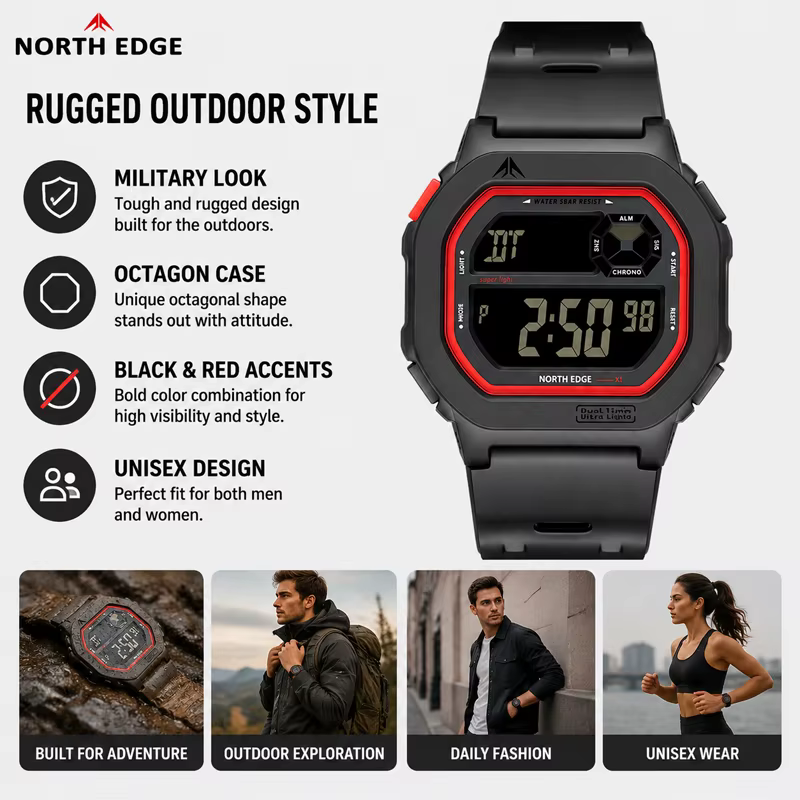 Montre numérique à écran carré NORTH EDGE X1 2026 pour hommes et femmes