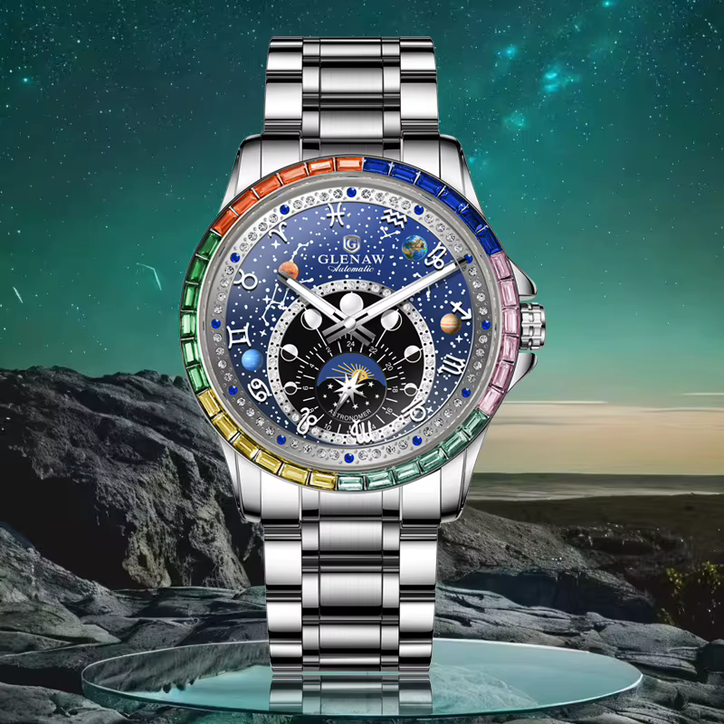 2025 nouveau GLENAW Design arc-en-ciel cercle montre mécanique hommes Constellation cadran veilleuse étanche haut de