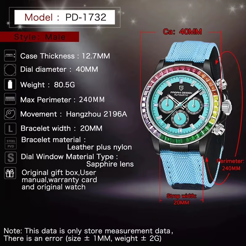 PAGANI DESIGN PD-1732 montre mécanique automatique 40MM V2 cercle arc-en-ciel montre-bracelet multifonction pour hommes saphir 100M étanche