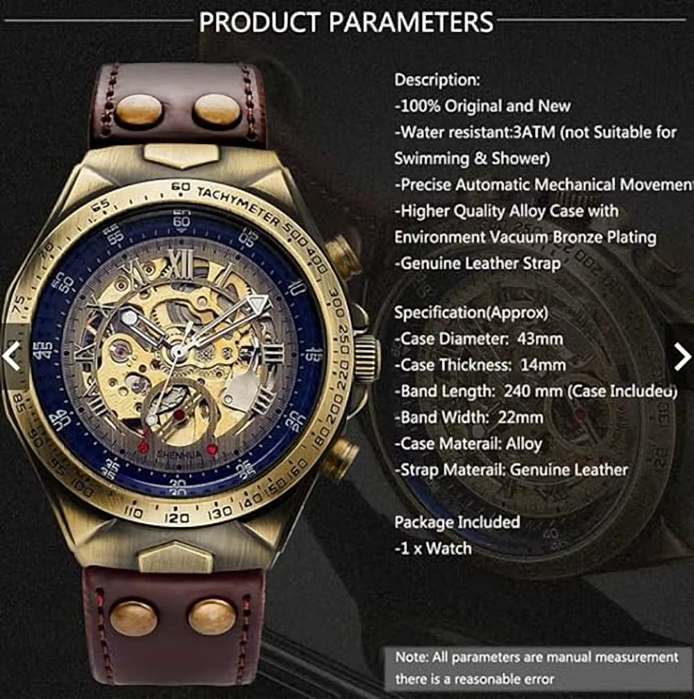 Montre mécanique automatique squelette rétro en Bronze pour hommes