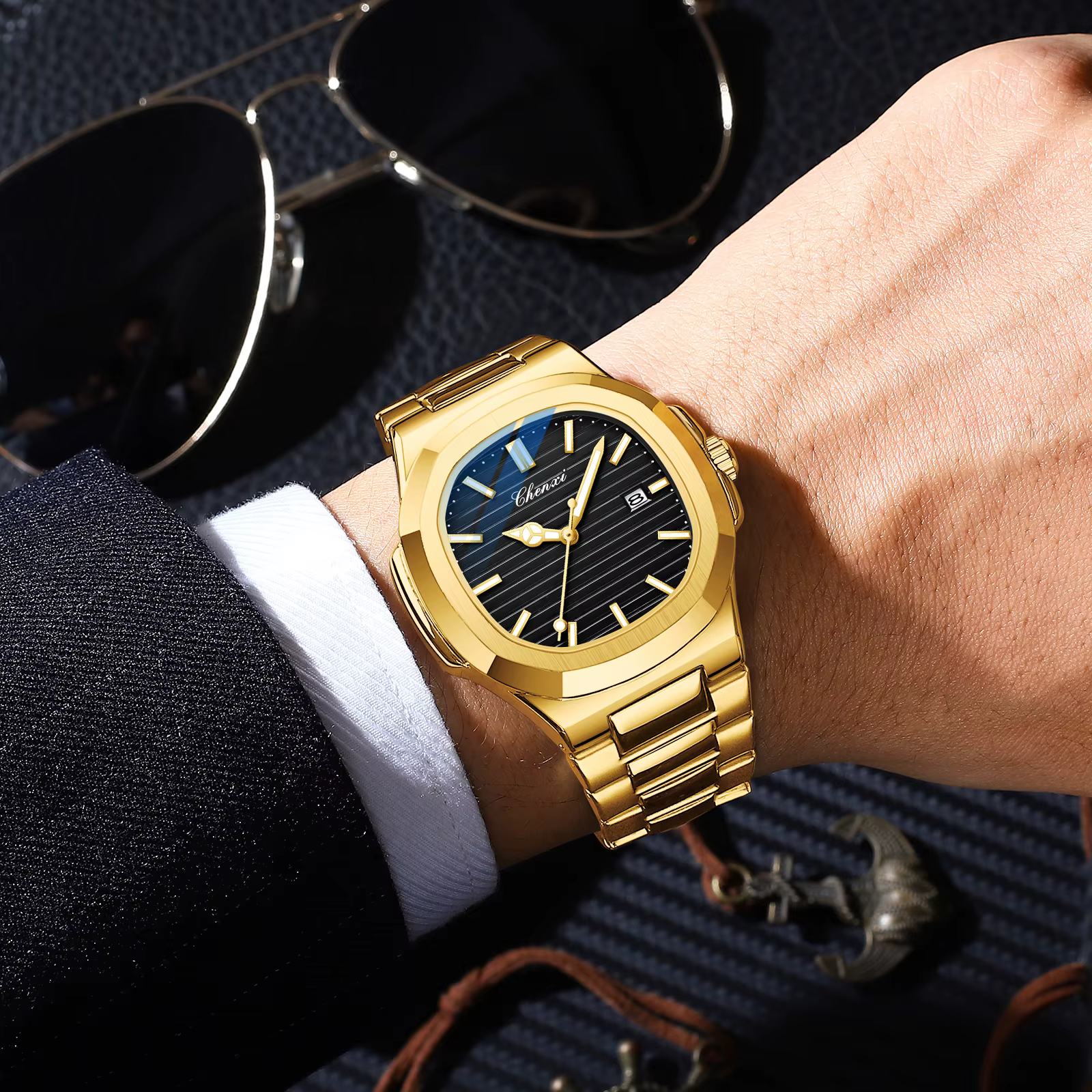 Montre étanche en acier inoxydable doré pour homme
